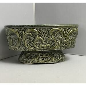 MCM Planter Vase Vintage 1950's Pedestal Ceramic Gloss‎ Green Raised Design